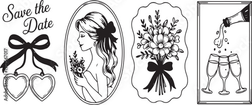 Illustration of set of wedding and save the date design elements for stamping or cutting
