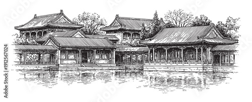 Vintage sketch engraving of traditional Asian pavilions over a serene lake