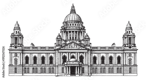 Black and White Silhouette of a Grand Neoclassical Building with a Dome