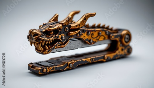 A striking contrast between an ornate dragon shaped paperweight and its corresponding metal mold used to craft it