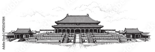traditional Chinese palace architecture, vintage engraving style.