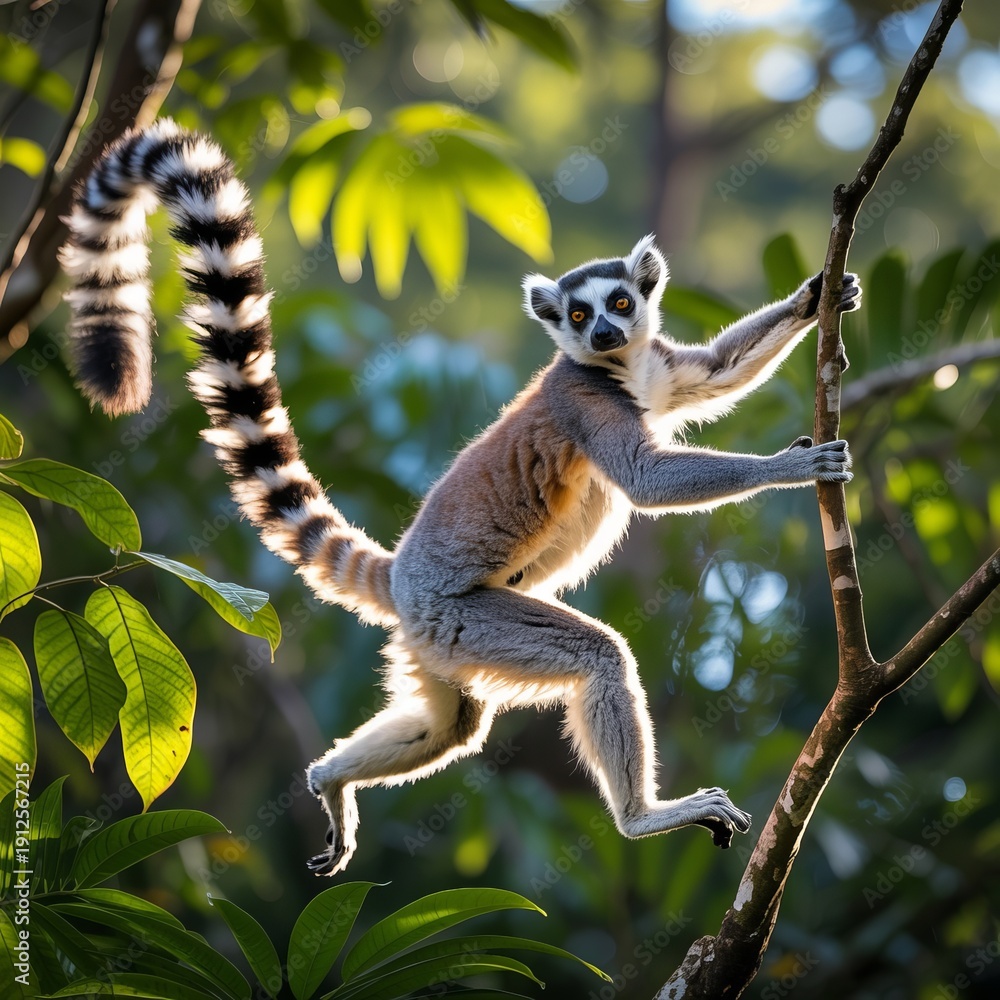 Fototapeta premium A ring tailed lemur leaping between tree branches in a Madagasca