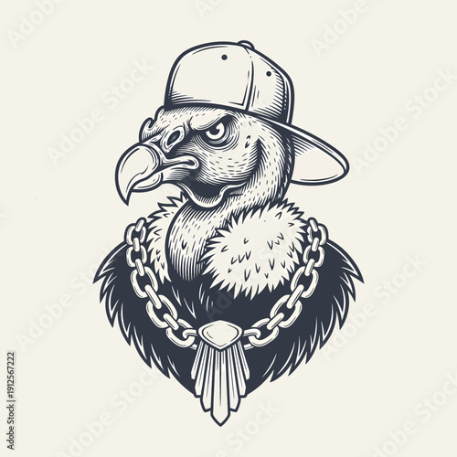 Illustration of a vulture wearing a chain and baseball cap