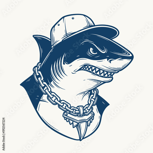 Illustration of a shark wearing a hat and chain, depicted in a graphic style, showcasing a unique blend of marine life and streetwear fashion.