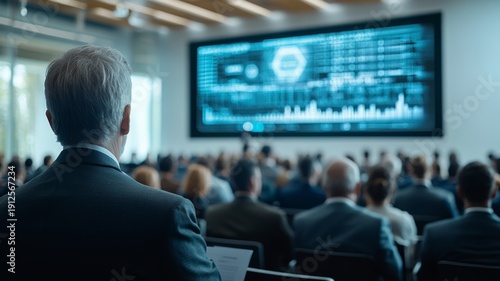Wallpaper Mural Man in suit attentively watching a large screen displaying complex financial data and charts during a business conference. Torontodigital.ca