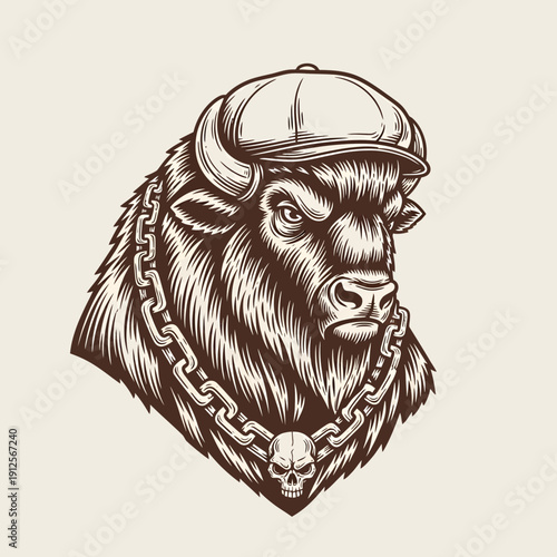 Vintage illustration of a bison wearing a cap and chain with a skull pendant, a symbol of strength and rebellion, on a clean background.