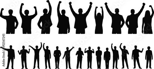 Silhouettes of diverse people raising arms in expressive poses, symbolizing unity, protest, celebration, and empowerment, versatile illustration for design and activism themes