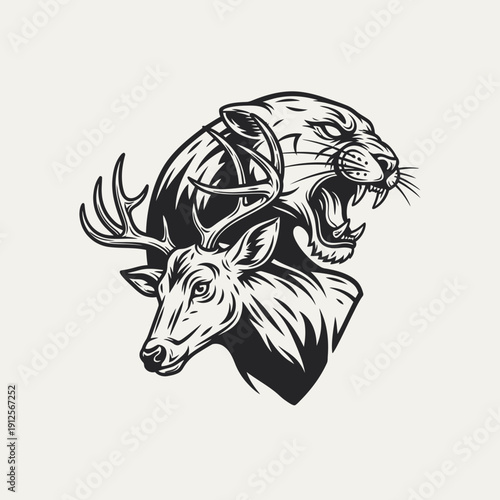 A dramatic illustration of a deer and a tiger's head in a fierce confrontation from a close-up viewpoint