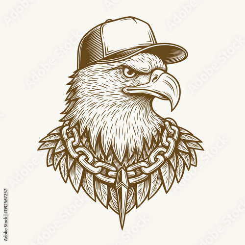 Illustration of an eagle wearing a cap and chain, symbolizing freedom and strength, with detailed feathers and accessories