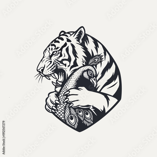 A fierce tiger's head grasps a fish tightly in its jaws, graphic illustration, animal portrait, close-up view