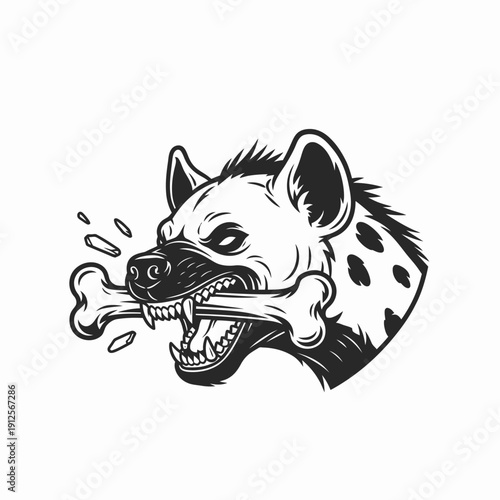A black and white illustration of a hyena gnawing on a bone, showcasing its sharp teeth and aggressive expression in a close-up view