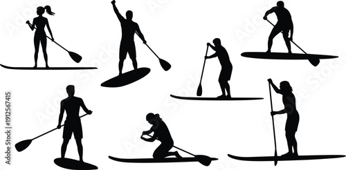Silhouettes of people paddleboarding in various poses, standing, kneeling, and celebrating, dynamic illustration highlighting water sport, recreation, and outdoor adventure themes