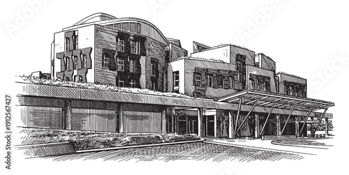 Complex and modern architectural facade of the Scottish Parliament building in Edinburgh. Hand-drawn engraving style.