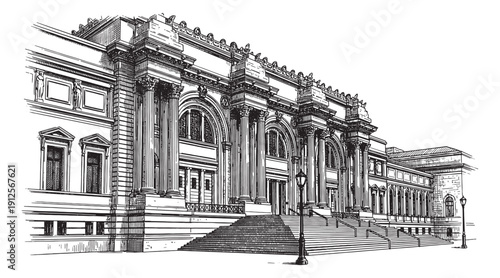 Grand Beaux-Arts facade of the Metropolitan Museum of Art in New York City. Hand-drawn engraving style.