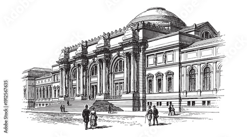 Grand Beaux-Arts facade of the Metropolitan Museum of Art in New York City. Hand-drawn engraving style.