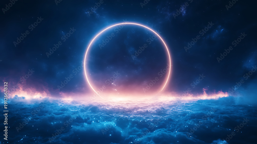 Obraz premium Mystical Neon Ring Portal Over Ethereal Ocean Waves.