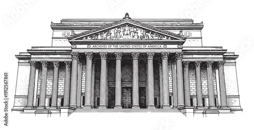 National Archives building in Washington D.C. featuring massive Corinthian columns. Hand-drawn engraving style.