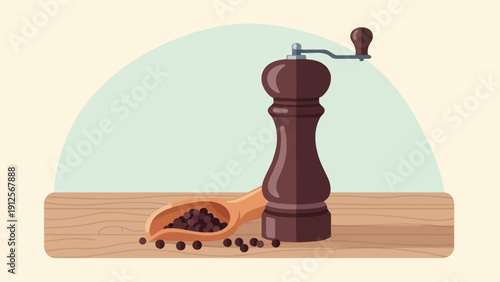 Wooden tabletop with pepper grinder and scoop filled with peppercorns