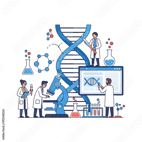 Scientists studying DNA structure with microscope and computer, biotechnology research