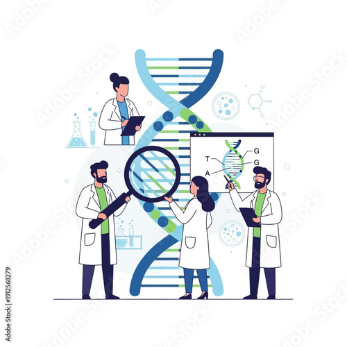 Scientists studying DNA helix, genetic research, laboratory analysis, biotechnology, molecular biology