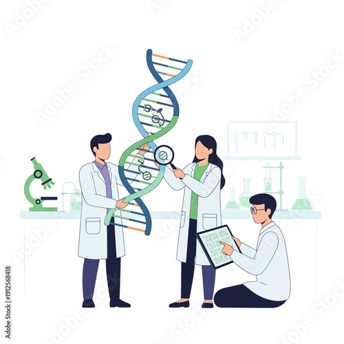 Scientists examining DNA helix in laboratory, genetic research, biotechnology concept