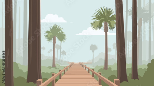 Wooden walkway through a misty forest with palm trees