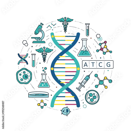 DNA helix with medical and scientific research icons, biotechnology concept