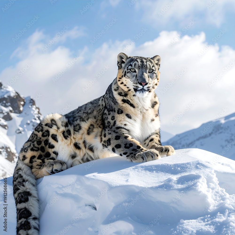 Fototapeta premium A snow leopard rests on a snowy outcrop