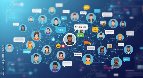 A vibrant vector graphic illustration of people networking and communicating online