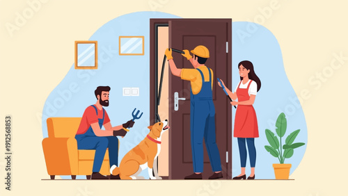 Workers install weatherstripping on a door, with a person and dog watching