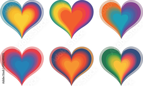 Illustration of six colorful gradient hearts with textured edges