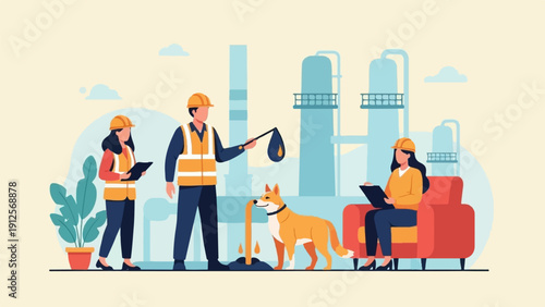 Workers monitor dog drinking oil spill at industrial plant