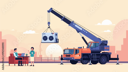 Workers oversee crane lifting industrial unit in a city setting at sunset