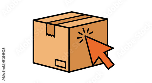 Online Shopping Delivery Box with Mouse Cursor Vector, Flat Orange Minimalist Illustration for E-commerce and Fast Shipping