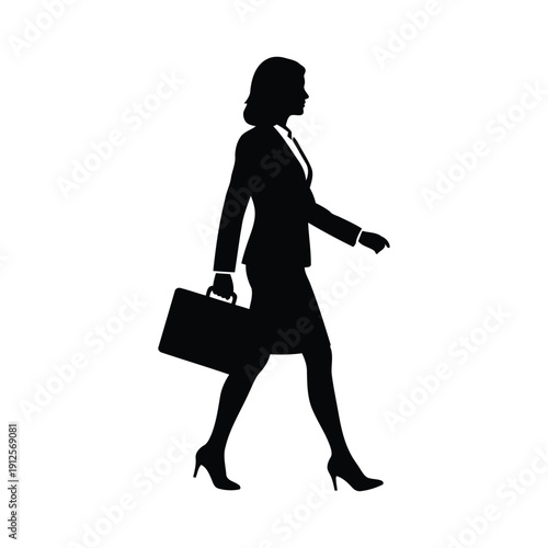 Silhouette of a Determined Professional: A silhouette of a sophisticated woman, impeccably dressed in a business suit, confidently strides forward, clutching a briefcase.
