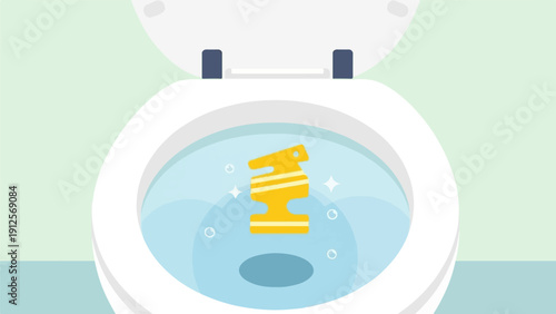 Yellow chess knight in a clean toilet bowl with blue water