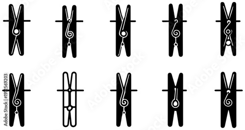 Set of black and white clothespin icons showing wooden spring pegs on a clean white background for laundry and drying concepts
