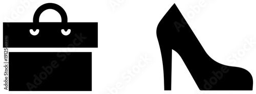 Black icons of a high heeled shoe and shopping bag on white background for fashion and retail concepts