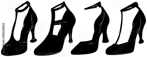 Four black t strap high heel shoes with straps and buckles on white background