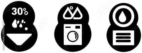Laundry care symbols for washing drying and ironing on black background