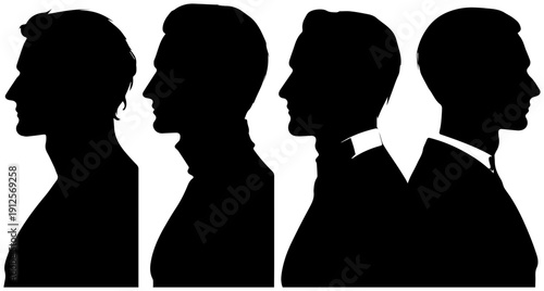 Four black silhouette profiles of diverse people in a row on white background