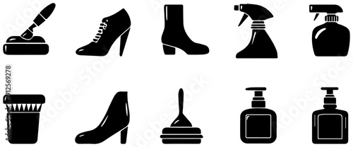 Shoe care icons set including polish brush high heel boot spray bottle and more on white background