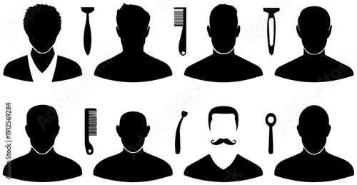 Set of simple black glyph icons representing men's grooming tools and silhouettes