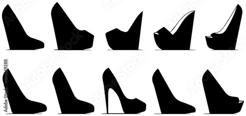 Set of black wedge heel shoe silhouettes in various styles and designs on white background