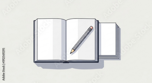 Open Notebook with Pencil on White Page Isolated on White Background