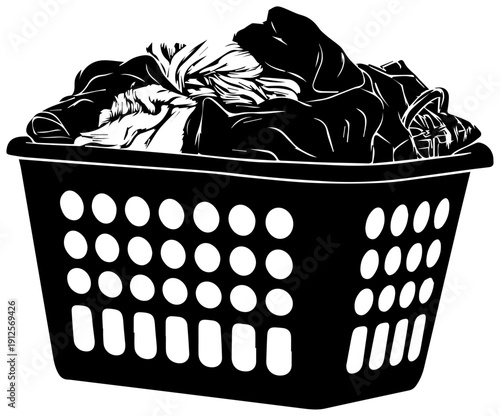 Black plastic laundry basket filled with clothes on white background