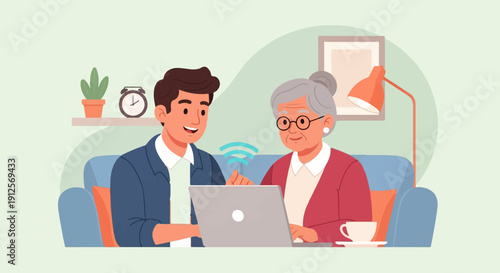 Young man helps elderly woman with laptop and wireless internet connection