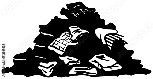 Vector icon of a messy pile of unwashed clothes and laundry symbolizing disorganization and household chores in a simple black and white illustration style