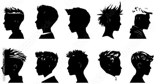 Cool kid hairstyle icons set in black silhouette on white background for design