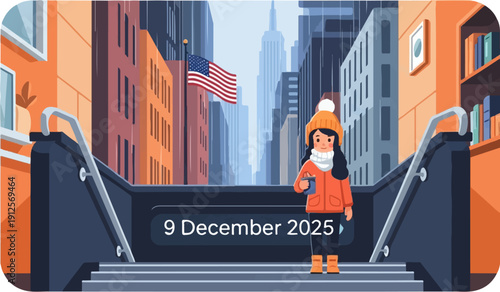 Young girl with hat and scarf holding a cup, stands on stairs with date